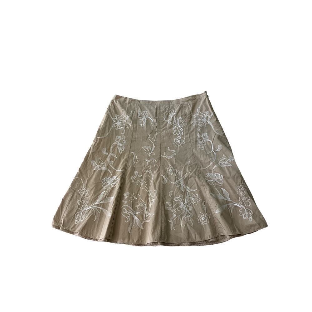 Ann Taylor A-Line Skirt Floral Embroidered Knee‎ Length Beige Womens Size 14